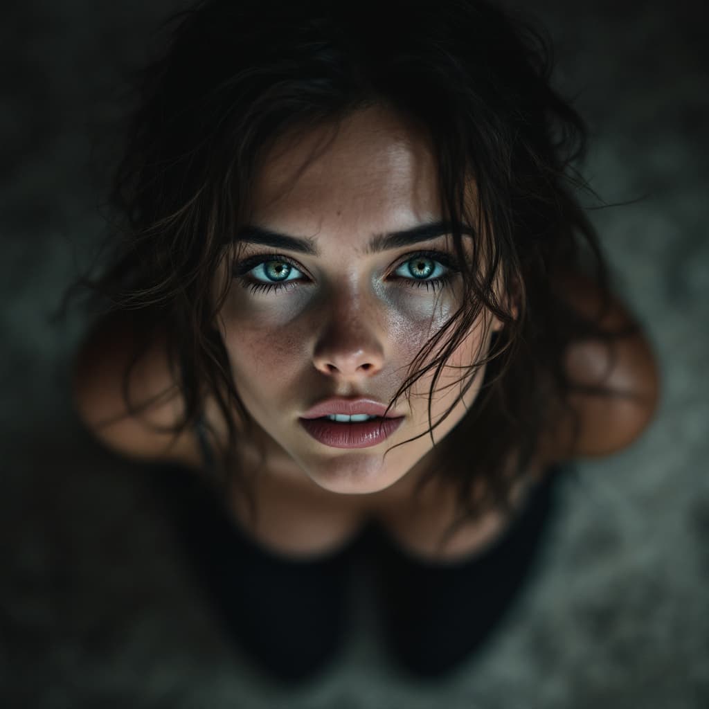 AI generated: close-up of an alluring woman kneeling on the carpeted floor, from above, long tousled brunette hair...