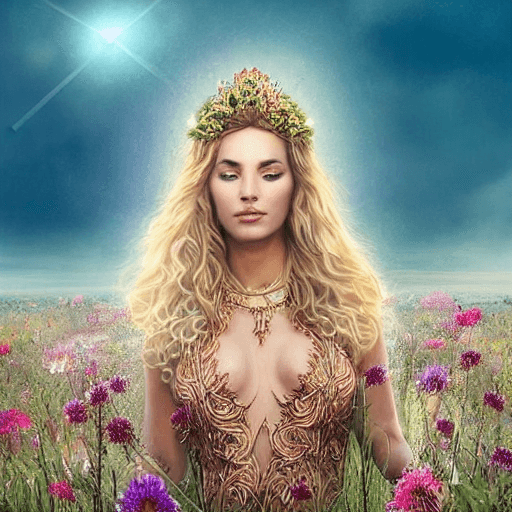 AI generated: hyperrealistic portrait of gorgeous goddess | standing in field full of flowers | detailed gorgeous ...