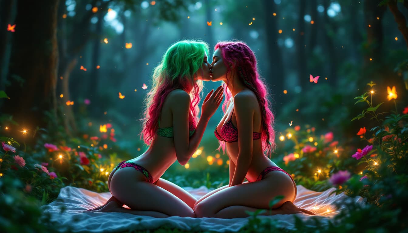 AI generated:  A hyper realistic photo of two, pale ivory skin tone women sharing a kiss in a forest oasis. They a...