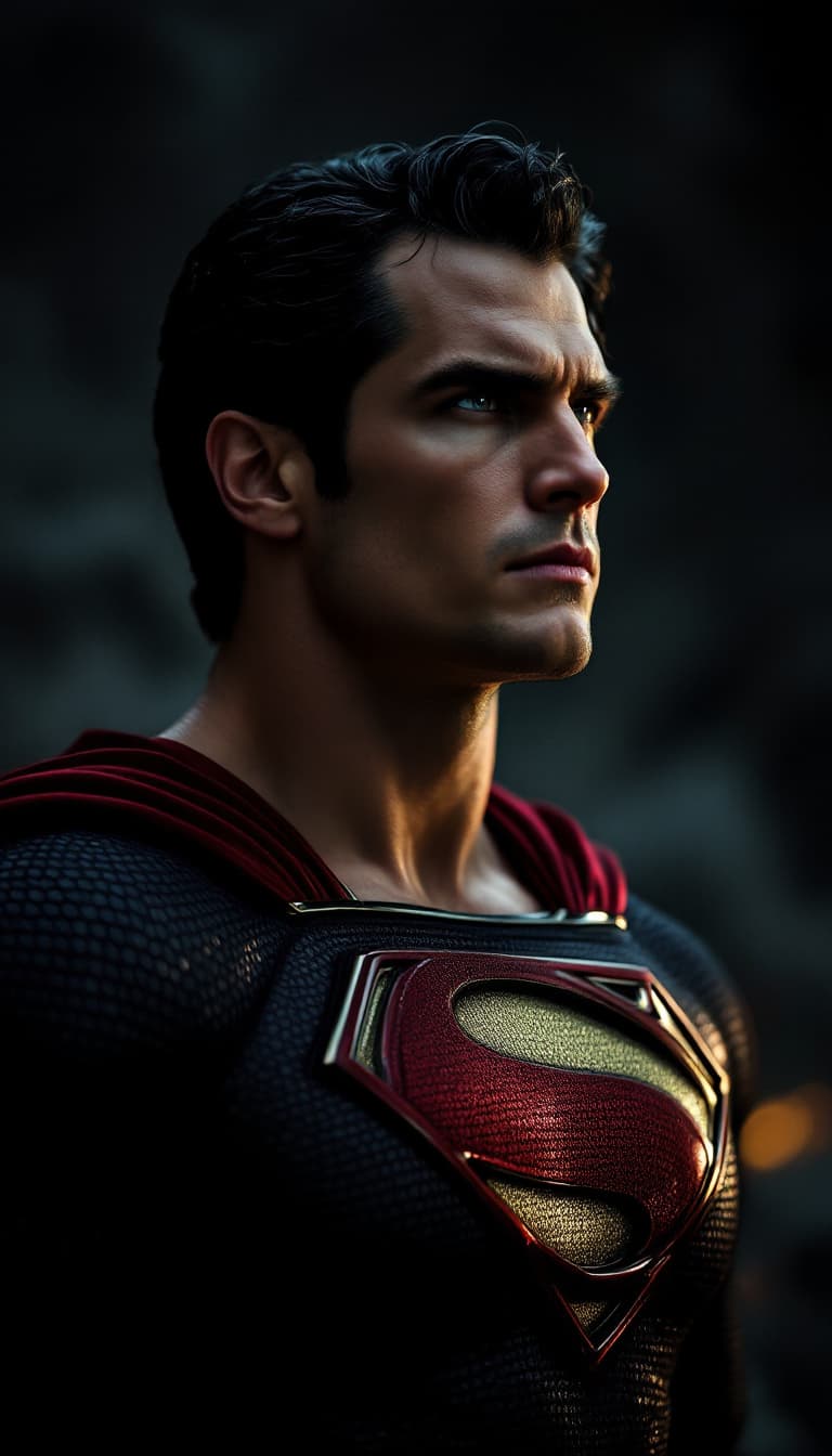 AI generated: Henry Cavil as superman ,in a black, dark red and gold suit whole body, cinematic, intense, cinemati...