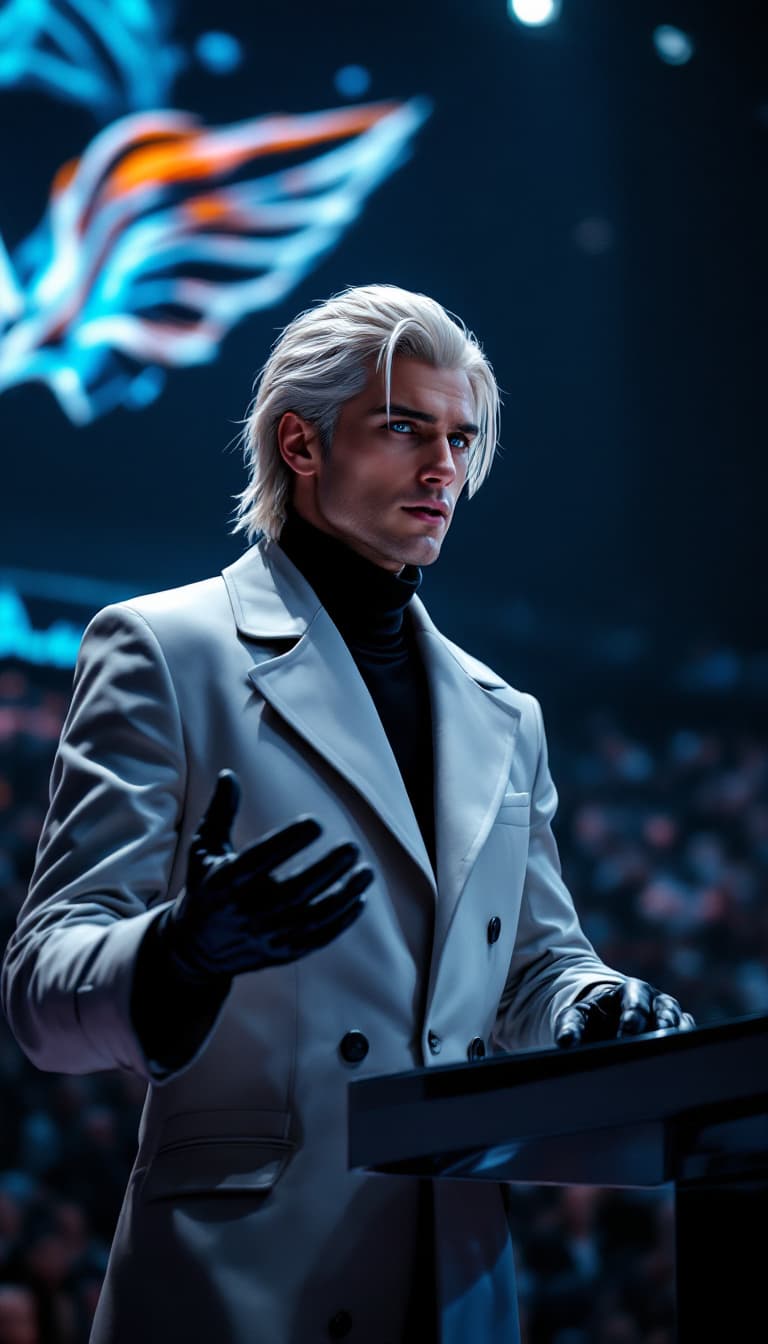 AI generated: A photorealistic candid shot of a strikingly composed young CEO inspired by Rufus from Final Fantasy...