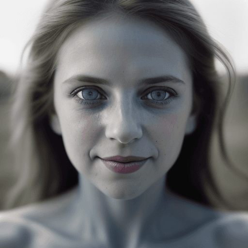 AI generated: colors, sharp light blue eyes, A soul-stirring close-up portrait of a woman, grins, her grace enhanc...