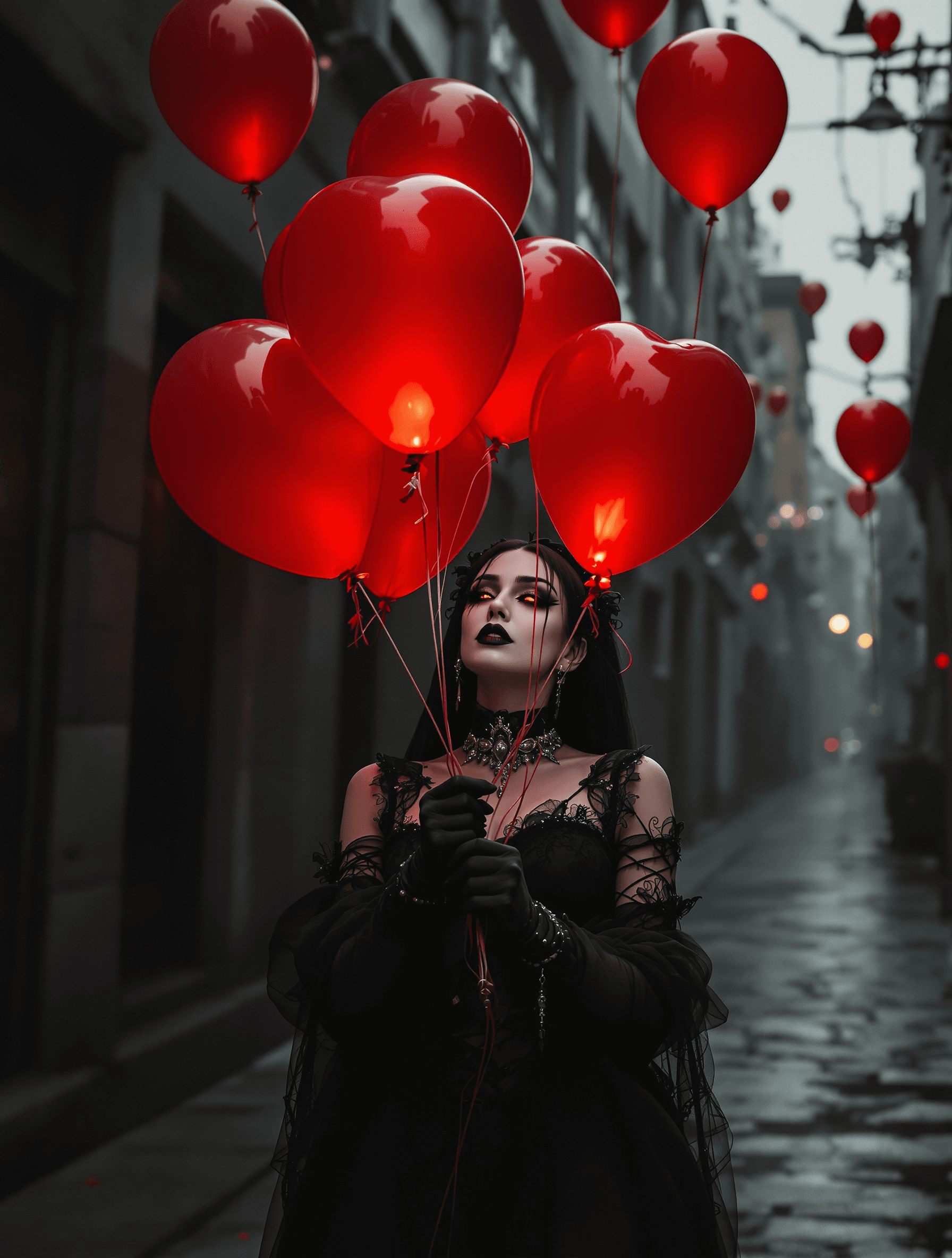 AI generated: A hyper realistic, ultra-detailed digital artwork of a mysterious goth figure dressed in elegant, da...