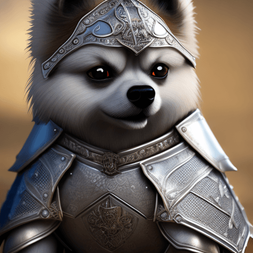 AI generated: kneeling dog pomeranian knight, portrait, finely detailed armor, intricate design, silver, silk, cin...