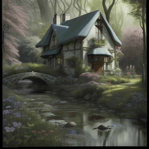 AI generated: Airbrush painting, fairy tale, (magnificent cottage next to a little creek:1.3) , with Art Nouveau a...