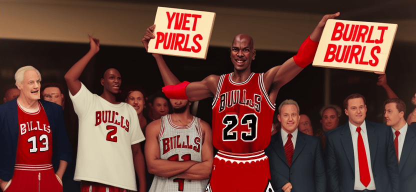AI generated: Micheal Jordan holding a sign, saying PJ's Vintage, wearing red Chicago bulls jersey