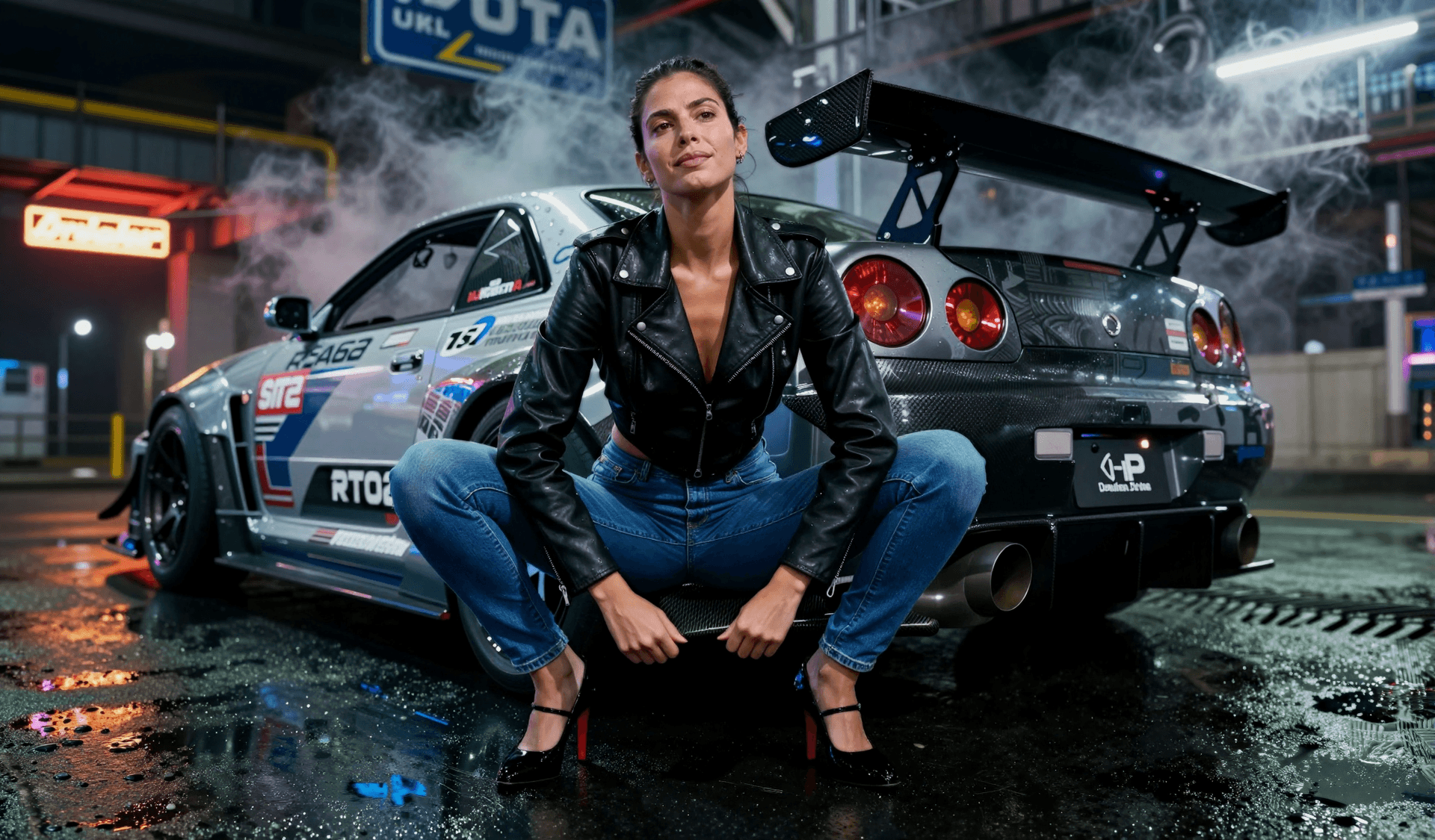 AI generated: Automotive editorial featuring a woman in full body tight denim jeans and cropped leather jacket, Su...