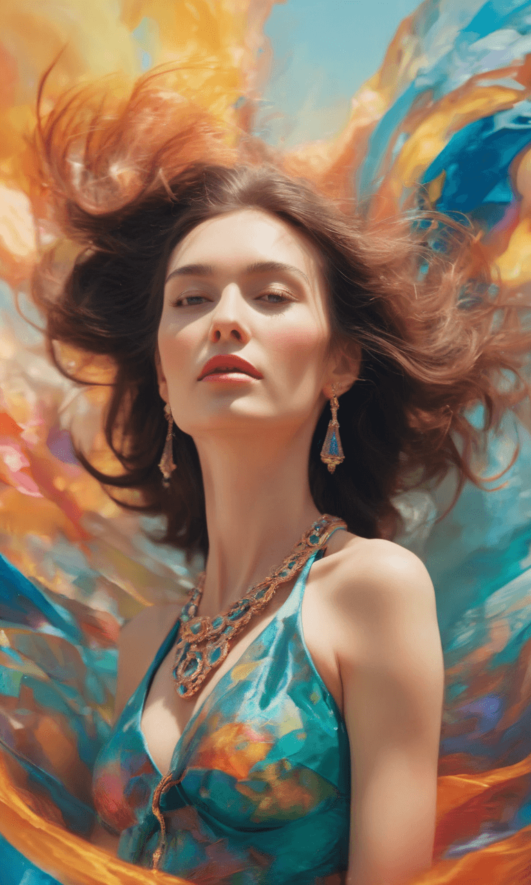 AI generated: best quality, 4k, highres, masterpiece, ultra-detailed, realistic, woman in rainbow silk dress, floa...