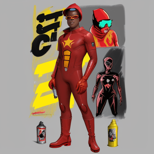 AI generated: JOHN BOYEGA IN A RED SPANDEX SUIT, WITH YELLOW GLOVES AND BOOTS , SUNGLASSES AND RED BACKWARDS CAP H...