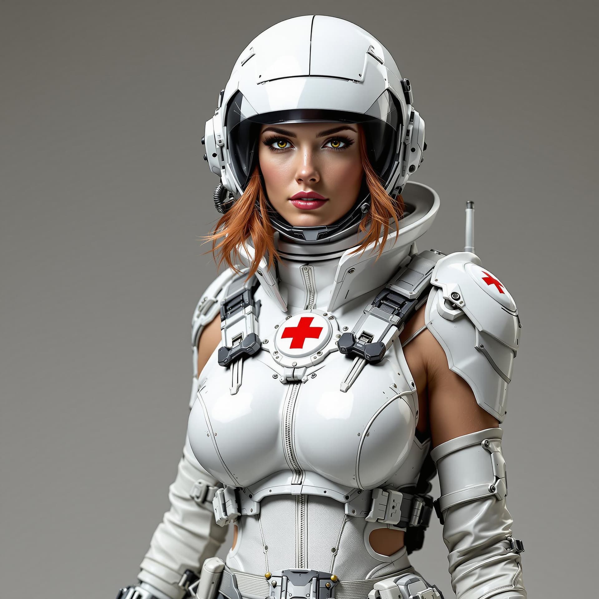 AI generated: Adult female with athletic build, shoulder-length red hair, wearing white metal combat armor and a w...