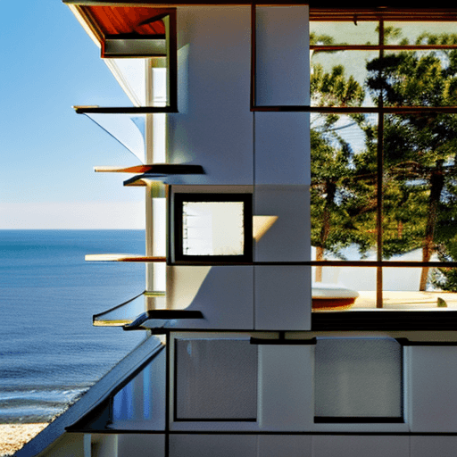 AI generated: Hyper realistic eye level exterior photo of a mid century modern style house overlooking the ocean, ...