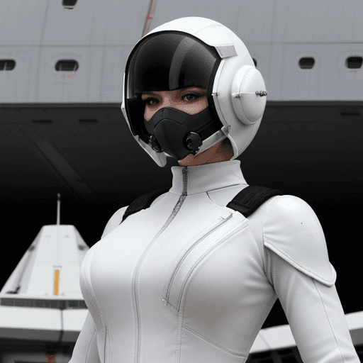 AI generated: armed female figure in a white sci-fi suit (tight jumpsuit), at the spaceport, against the backgroun...