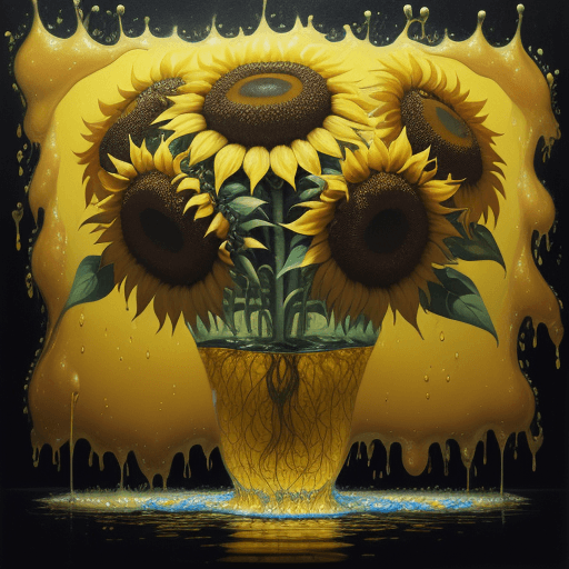 AI generated: a surrealist painting with sunflowers with yellow water dripping all over, in the style of surrealis...
