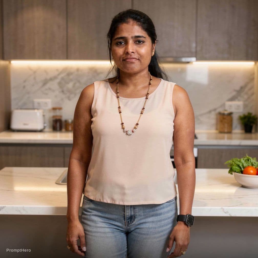 AI generated: This women standing in kichen room with sleveless nighty