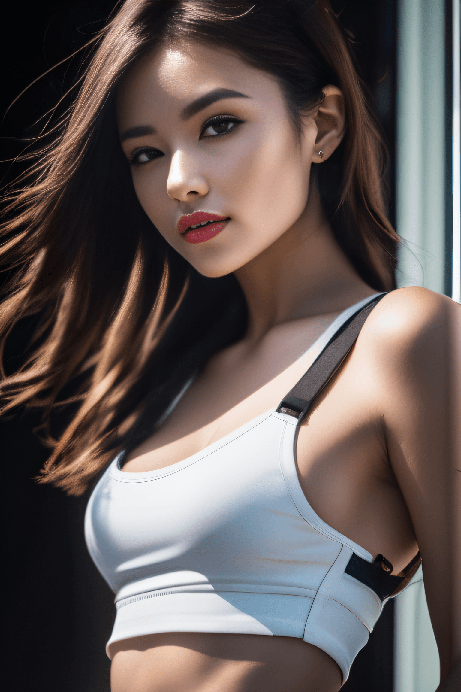 AI generated: portrait photo of a stylish beautiful girl in a future convenience store, asymmetric hair cut, cyber...