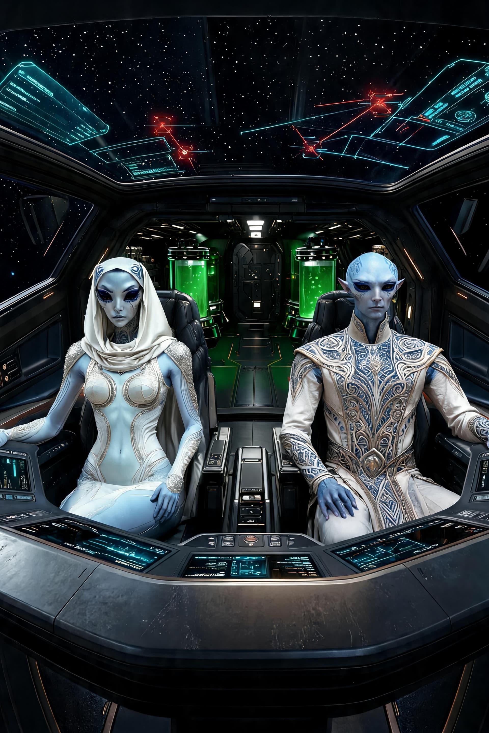 AI generated: Ultra-detailed cinematic sci-fi cockpit interior in deep space. The pale-blue alien female in white ...