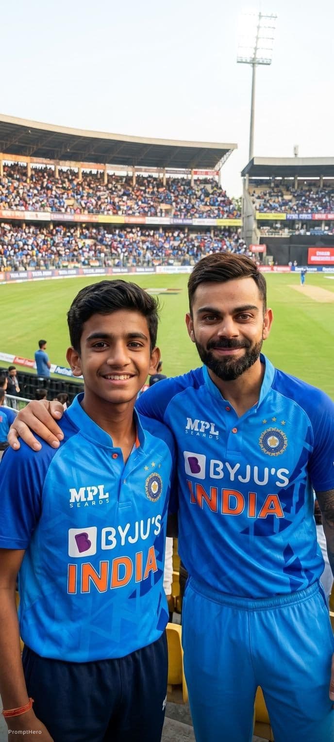 AI generated: A realistic high-quality photo of me standing beside a famous Indian cricketer resembling Virat Kohl...
