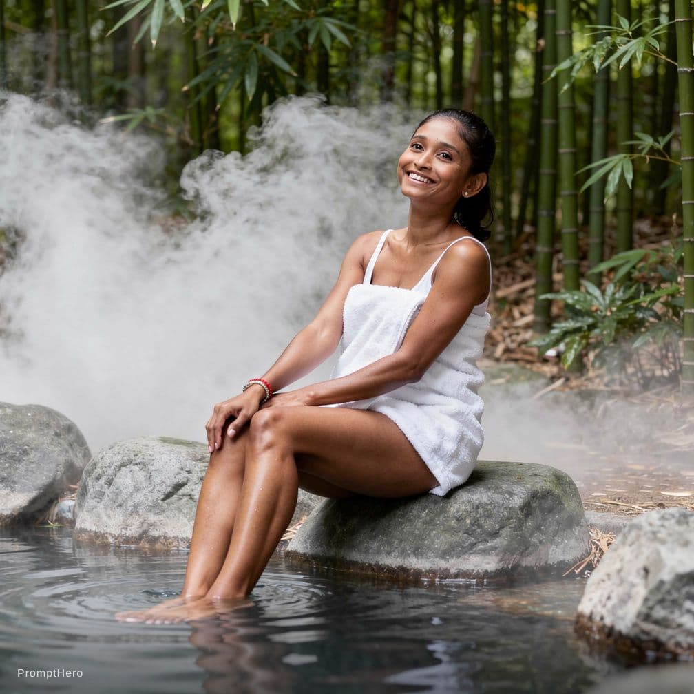 AI generated: A highly detailed, photorealistic, cinematic high-angle woman relaxing at the edge of an outdoor nat...
