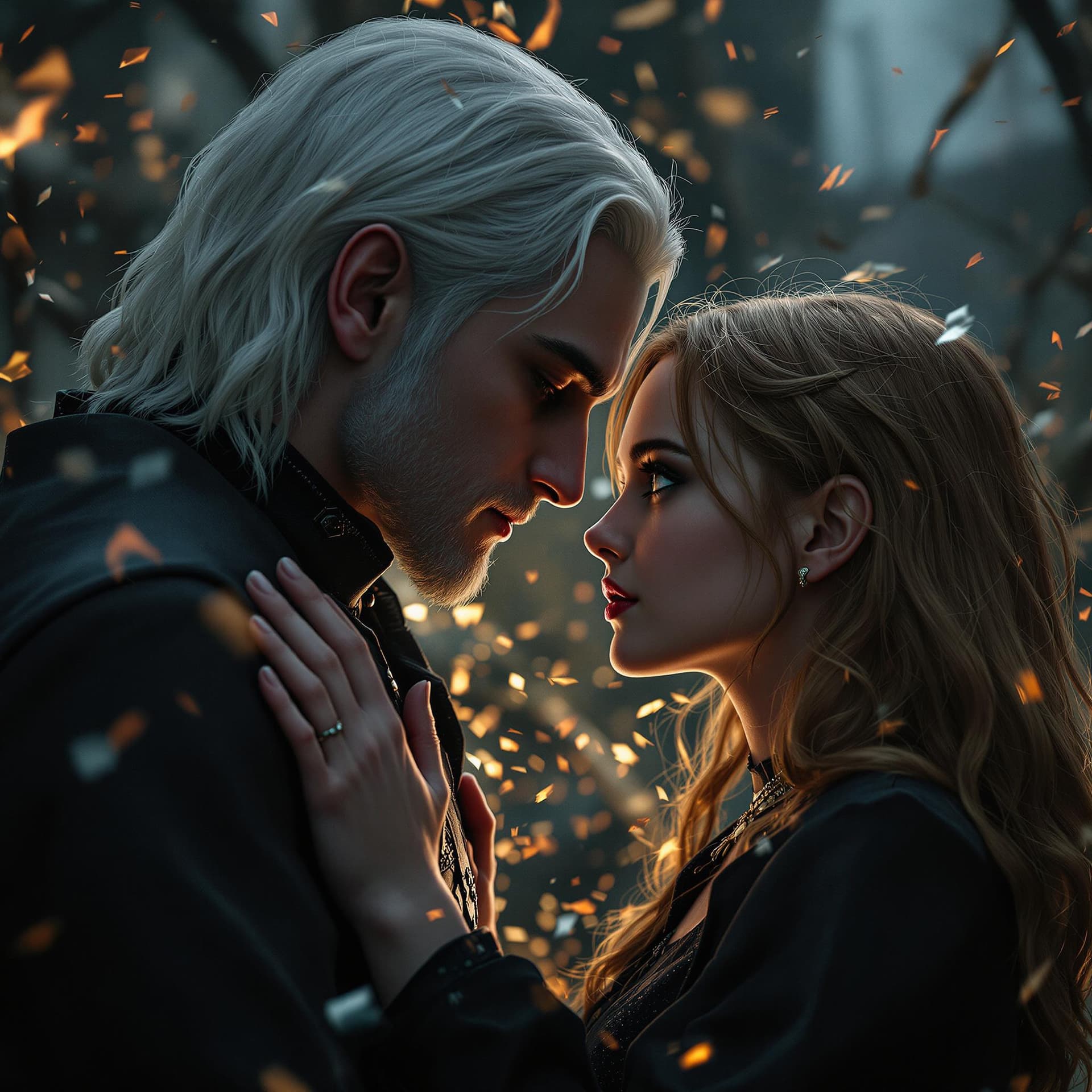 AI generated: Adult Draco Malfoy with white blonde hair and Adult Hermione Granger with bushy brown hair embraced,...