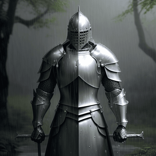 AI generated: Create an image of a knight standing in a dense forest near a small village. The scene should be set...