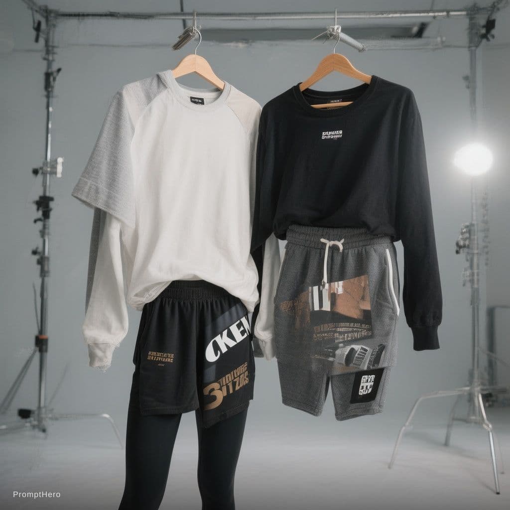 AI generated: faca uma arara de roupas em um studio fotográfico com um conjunto de short e top e um conjunto de le...