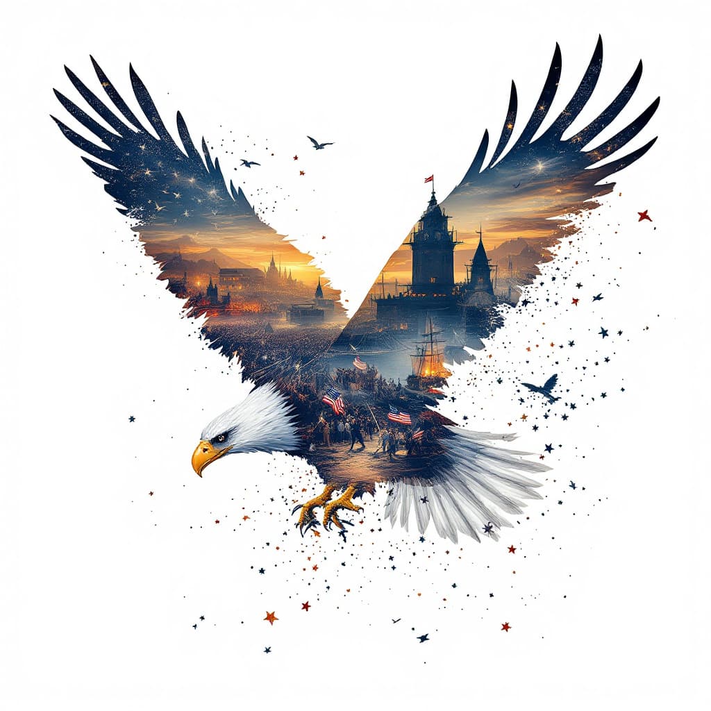 AI generated: 8K, highly detailed, high quality breathtaking double exposure illustration features a bald eagle so...