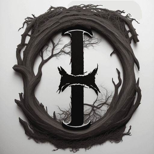 AI generated: the letter "O” in death metal font, made with gnarled tree roots, textured (white ink) on (black pap...