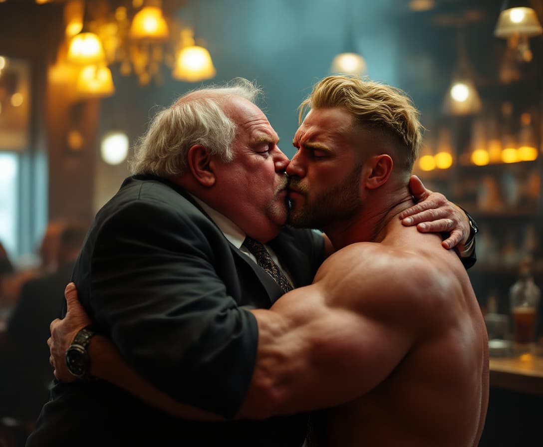 AI generated: high-resolution photo of a fat old man wearing suit and tie, embracing and kissing an extremely musc...