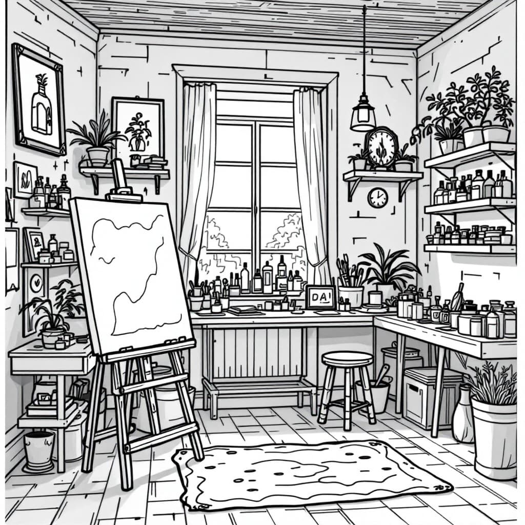 AI generated: Create a high-resolution black-and-white line drawing of an art studio. Include detailed elements su...