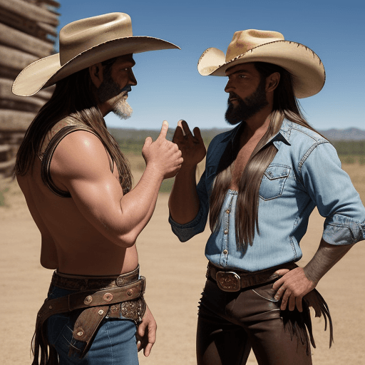 AI generated: Cowboy man with boots and hat showing himself to another cowboy who looks at him surprised. The boot...