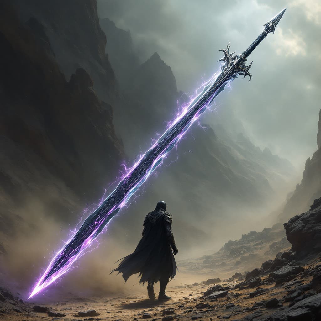 AI generated: "A long, slender greatsword, its obsidian-black blade narrow yet impossibly strong, forged from the ...