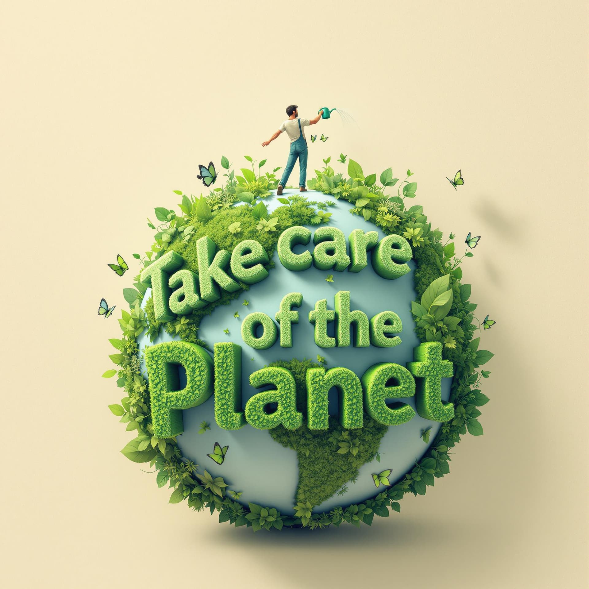 AI generated: An incredible 3D illustration of depicting a gardener standing on a massive globe, watering. The glo...