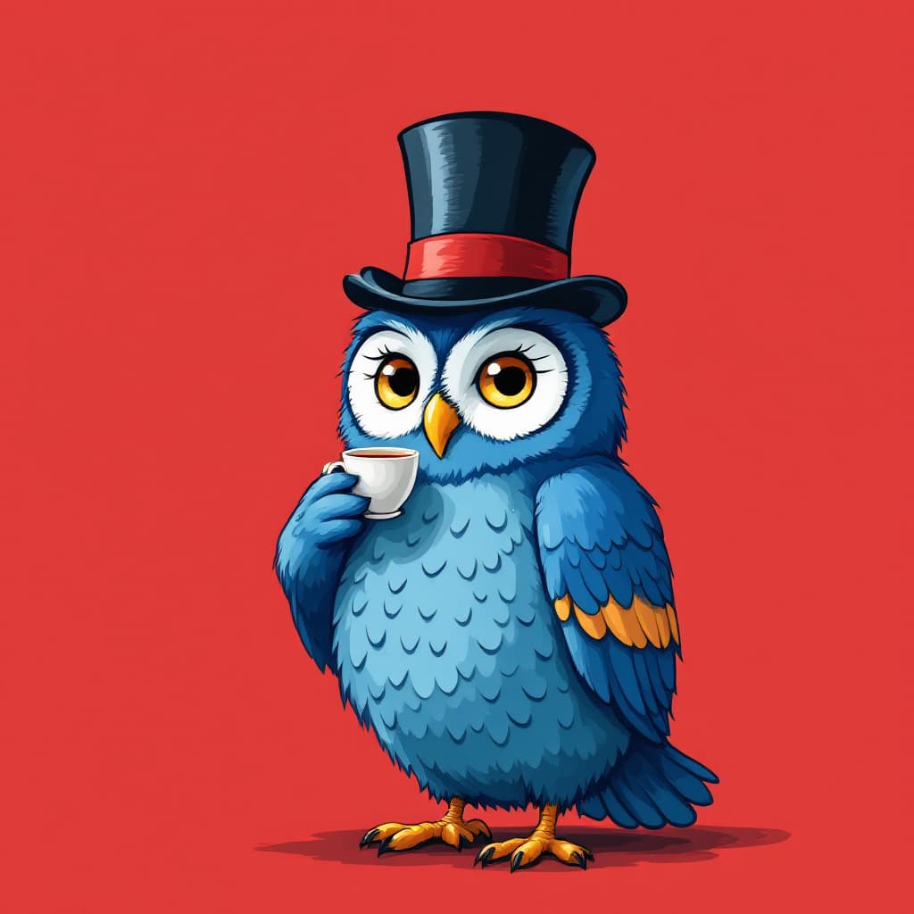 AI generated: Full-length blue owl wearing a top hat, sipping tea from a tiny cup. The background is plain crimson...