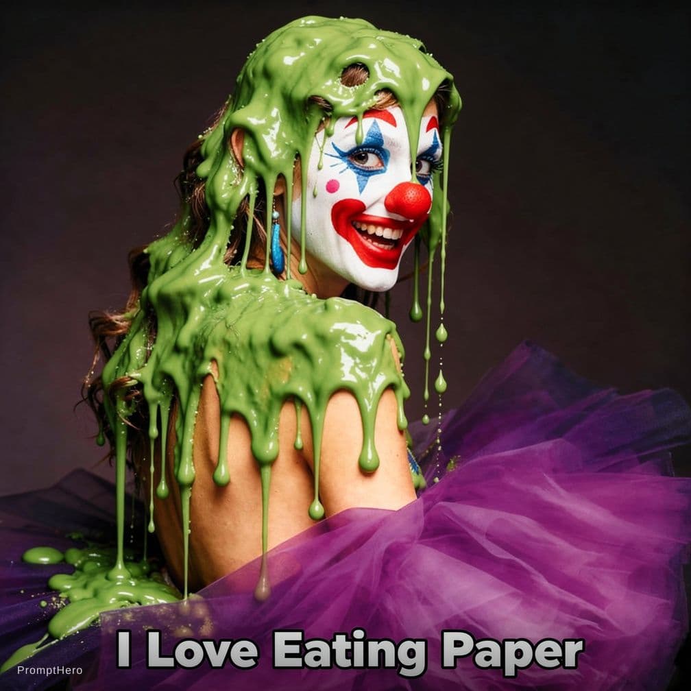 AI generated: Taylor swift covered in green, mucky slime, wearing clown makeup, with the caption "I Love Eating Pa...