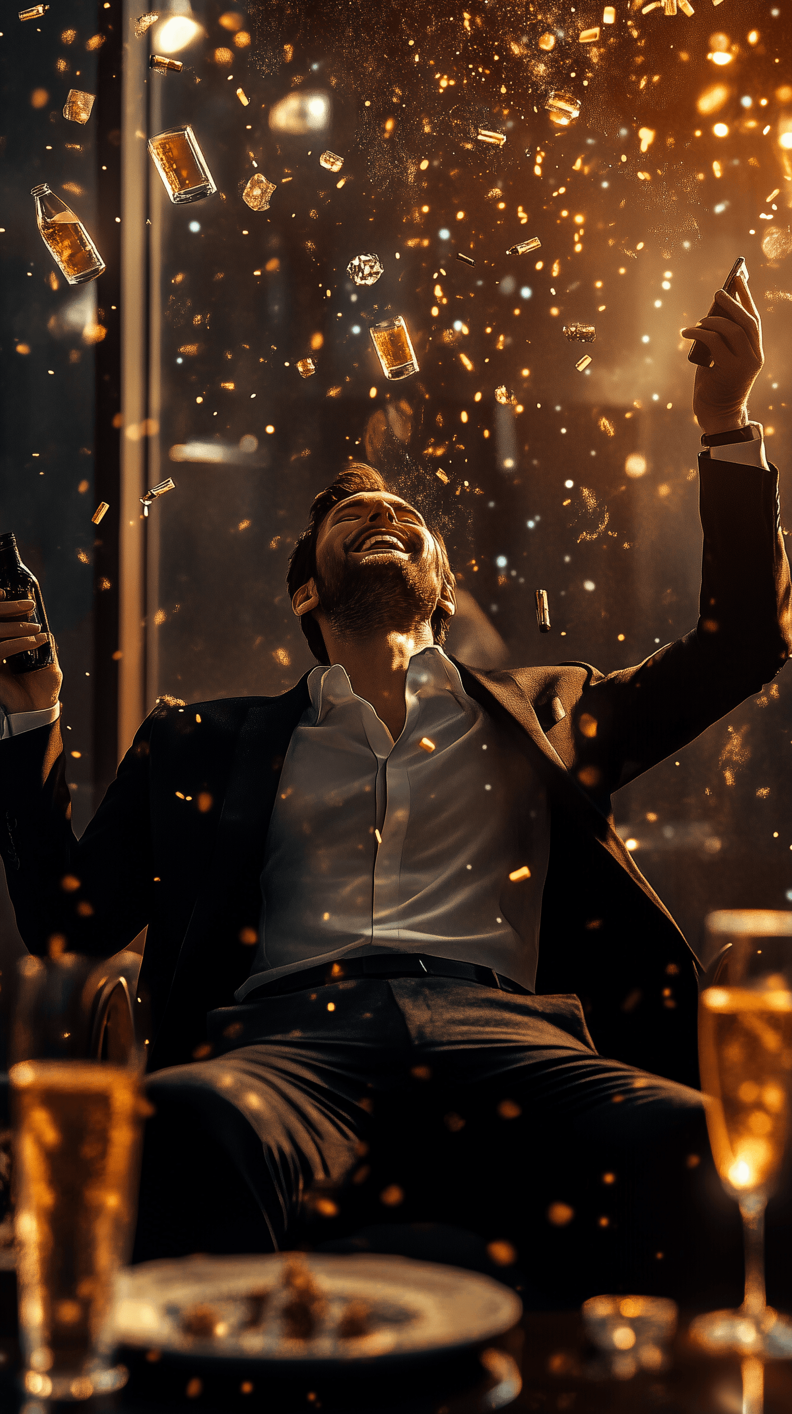 AI generated: 
A dramatic scene of a client celebrating success, hyper realistic, high detail, 40 y sympatic, hol...