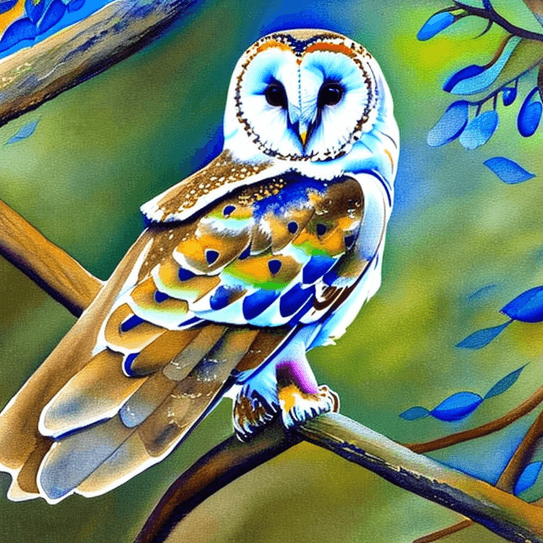 AI generated: Ralistic, ((Masterpiece, best quality)), cute barn owl perching on branch in dream park, in full vie...