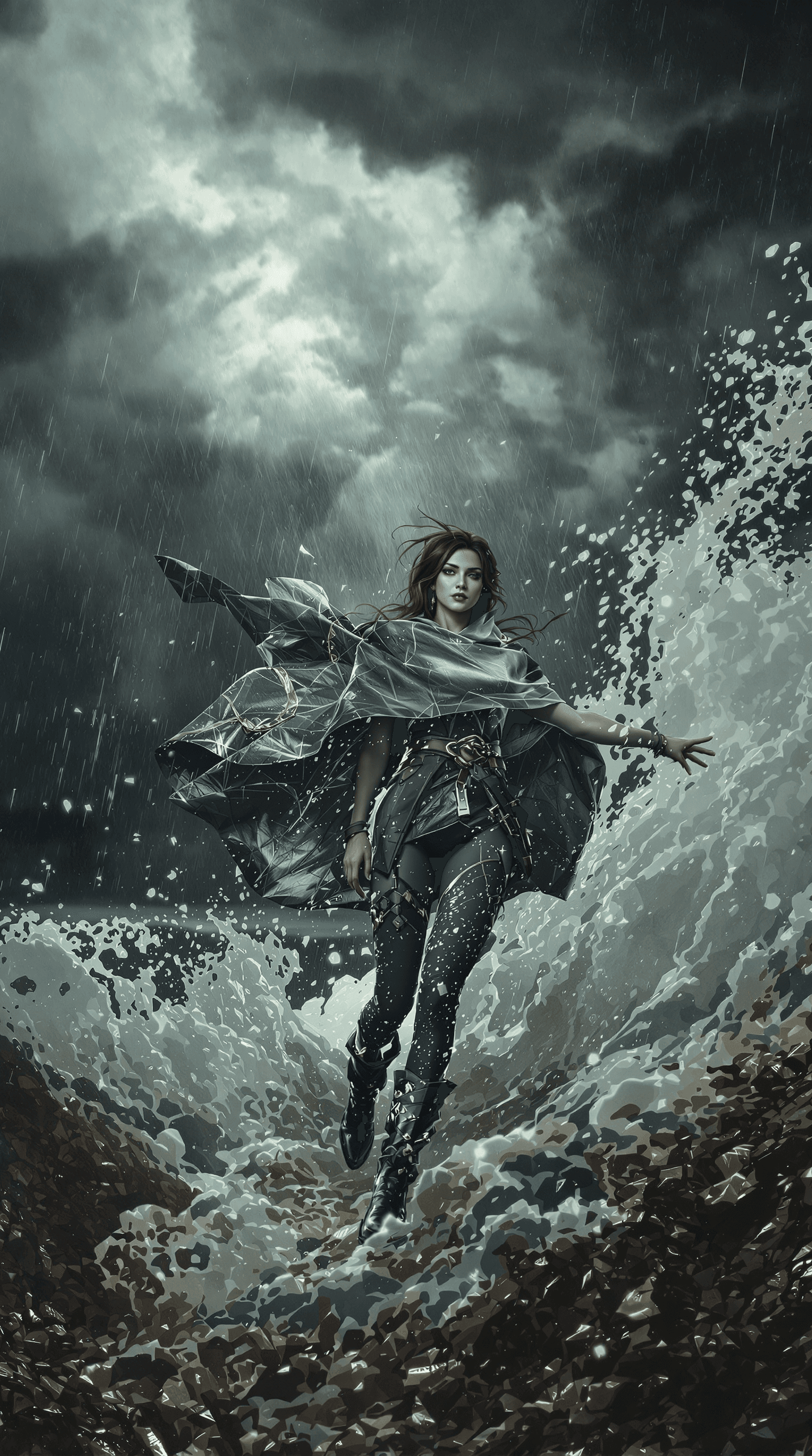 AI generated: A pretty woman, portraying both inner strength and vulnerability, is seen amidst a chaotic storm whe...
