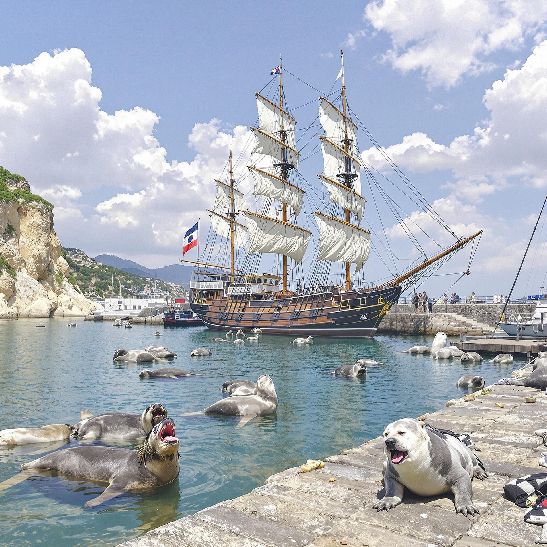 AI generated: Korean Frau,

• Hafen mit Schiff und Wassertieren: Ein historisches Segelschiff in einem ruhigen Haf...