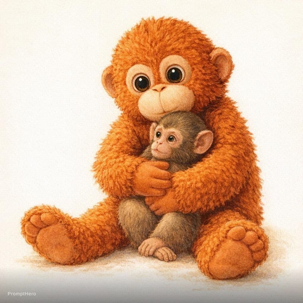 AI generated: vintage children's book illustration style, soft realistic plush texture, tiny baby monkey sitting s...