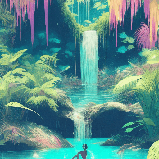 AI generated: visual stunning photo of a woman swimming in a lake by a waterfall in the jungle, mist, volumetric l...