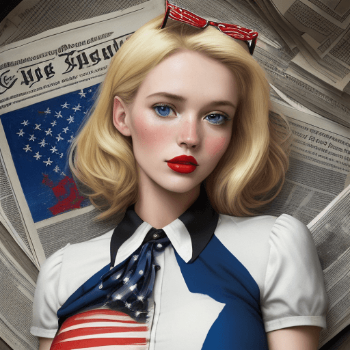AI generated: Fresco mixed with realism and pop art with pops of blue white and red, close - up of a gorgeous blon...