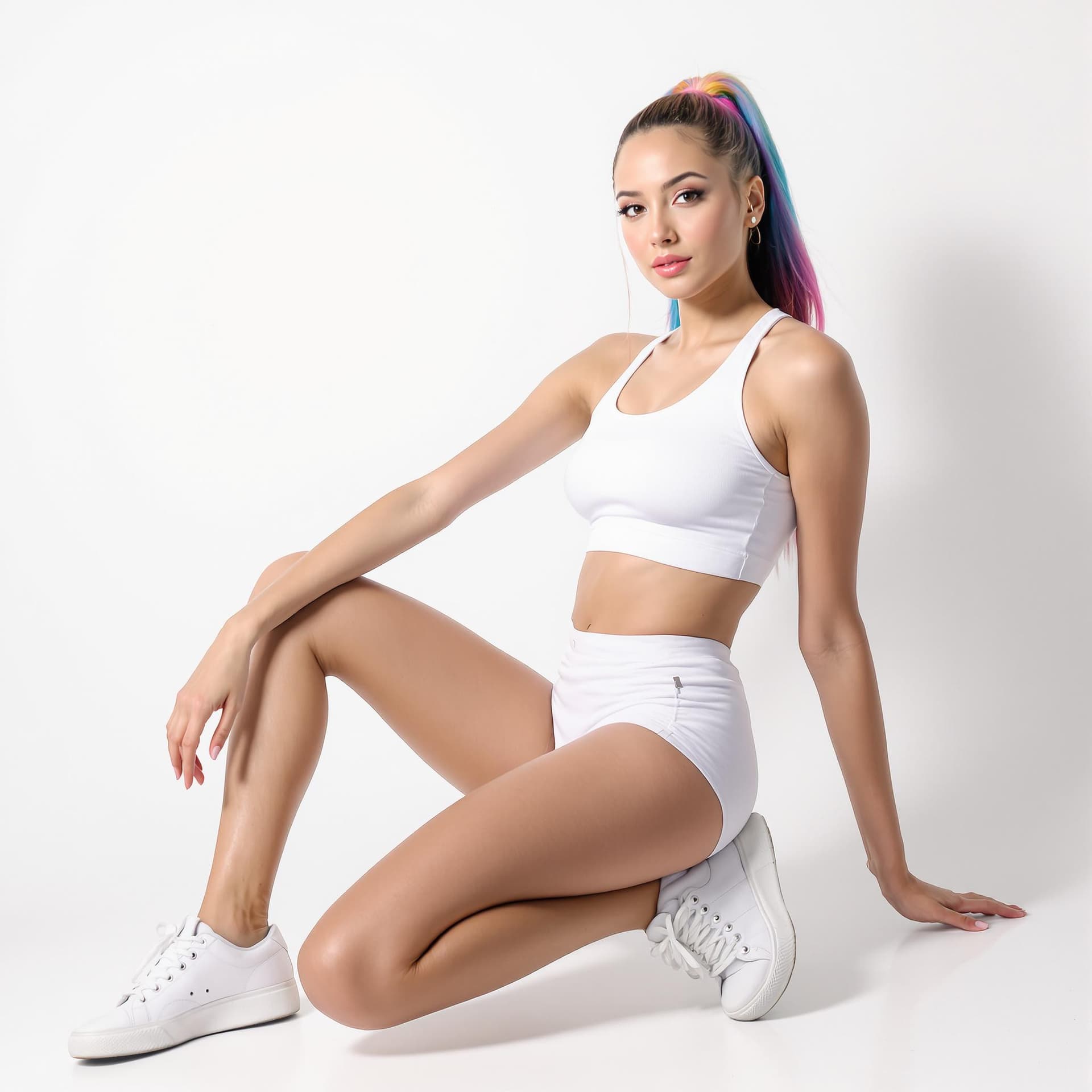 AI generated: A professional photograph of a woman posing against a white backdrop. She is wearing white sports br...