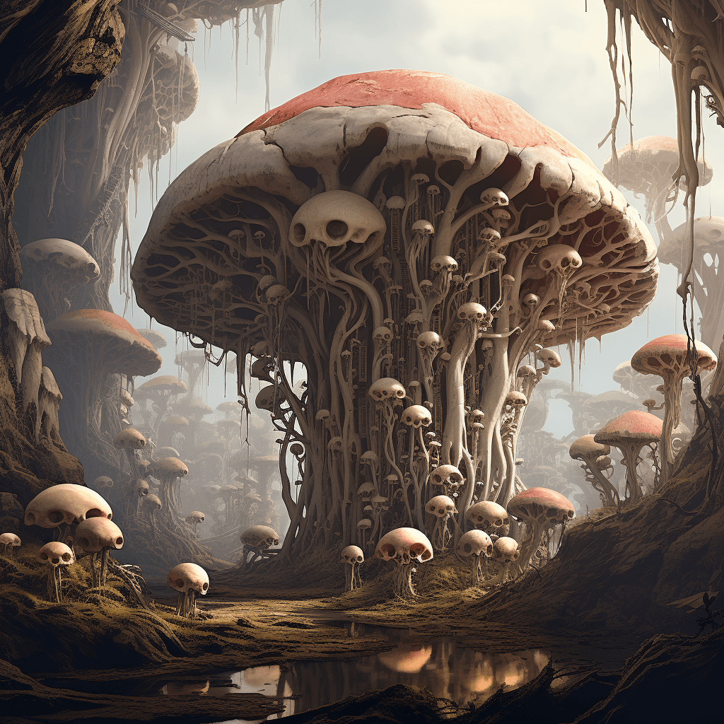 AI generated: an abstract painting of skulls and giant mushrooms, in the style of raphael lacoste, contemporary ta...
