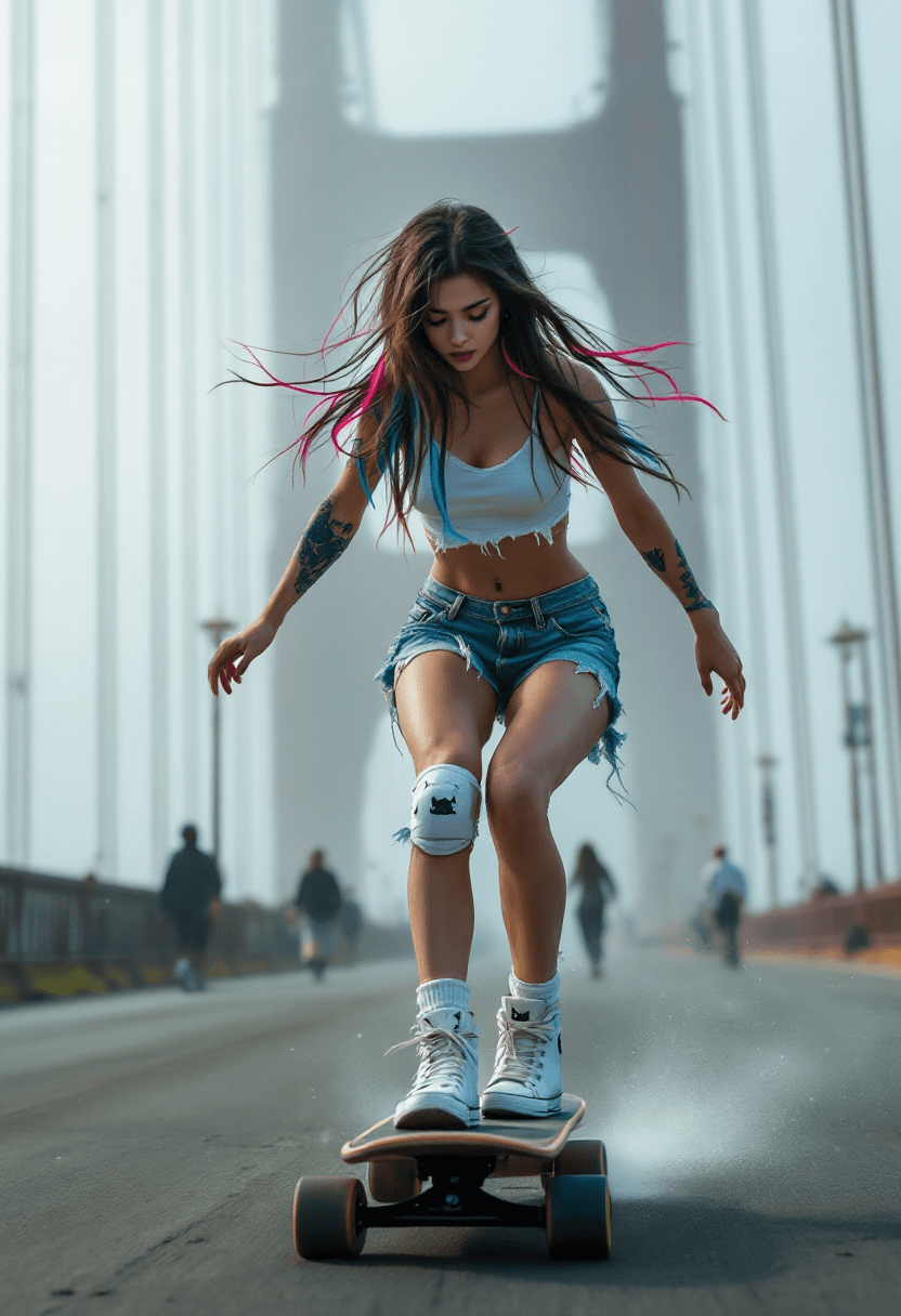 AI generated: (8K) masterpiece image of a beautiful brunette Japanese girl riding a skateboard down the Golden gat...