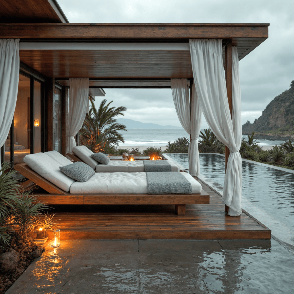 AI generated: A serene coastal lounge under an overcast sky, with thick clouds blanketing the horizon and casting ...