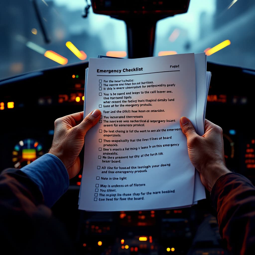 AI generated: "First-person view, the pilot's hands reaching for the emergency checklist. The cockpit is dimly lit...