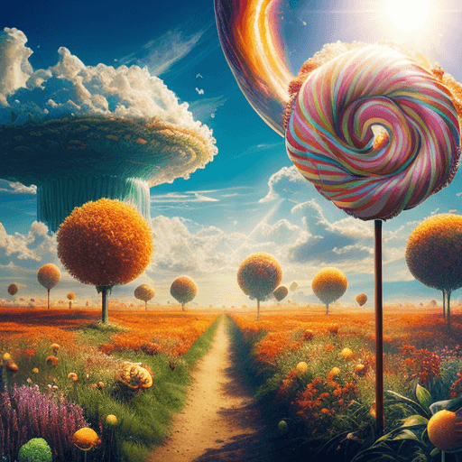 AI generated: Photorealistic,high detailed Surrealism, Land with spaghetti clouds and a Donut sun.the Land is choc...