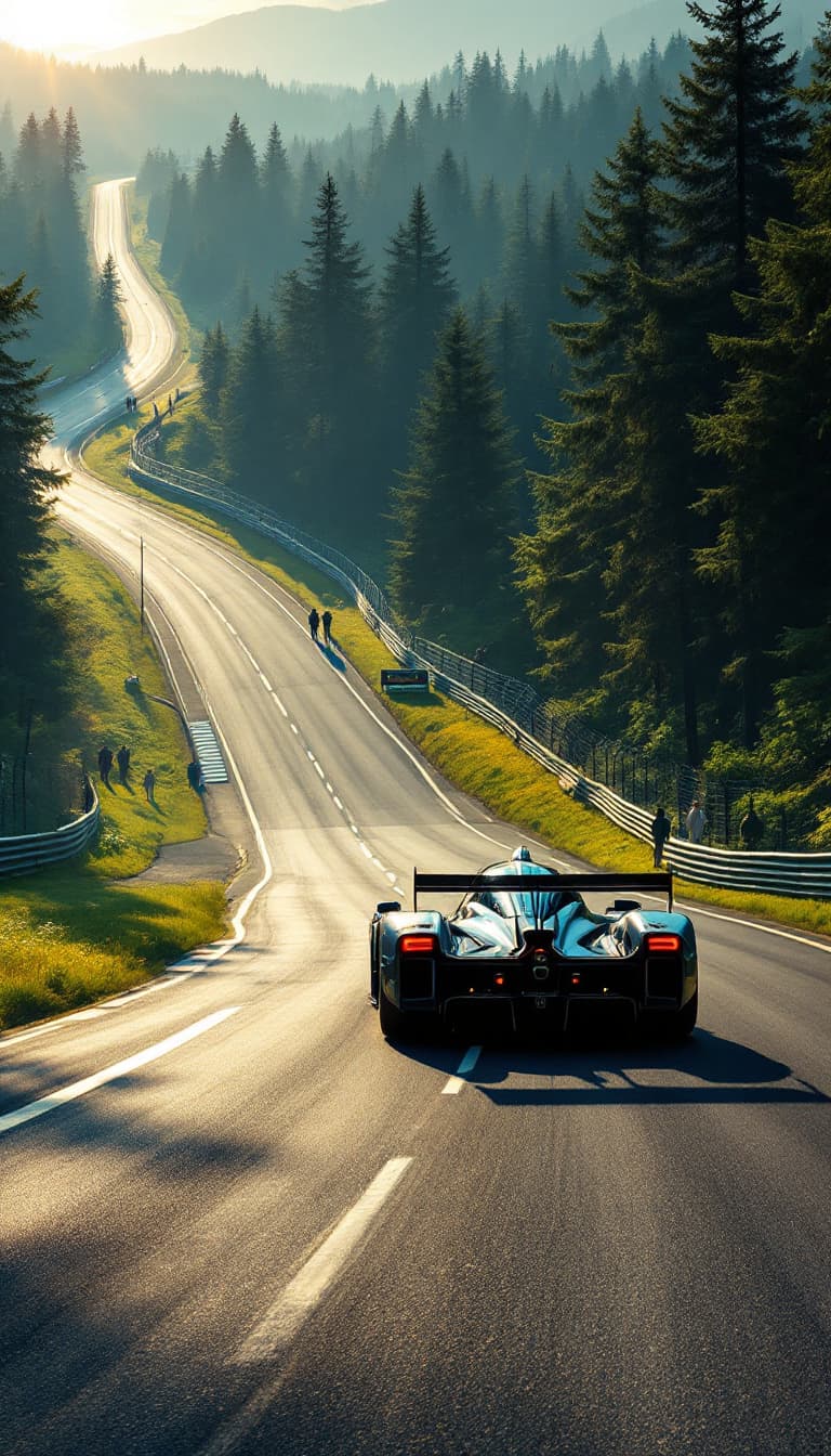 AI generated: Summer.  A racing car races along a race track. The race track runs through flat terrain through a f...