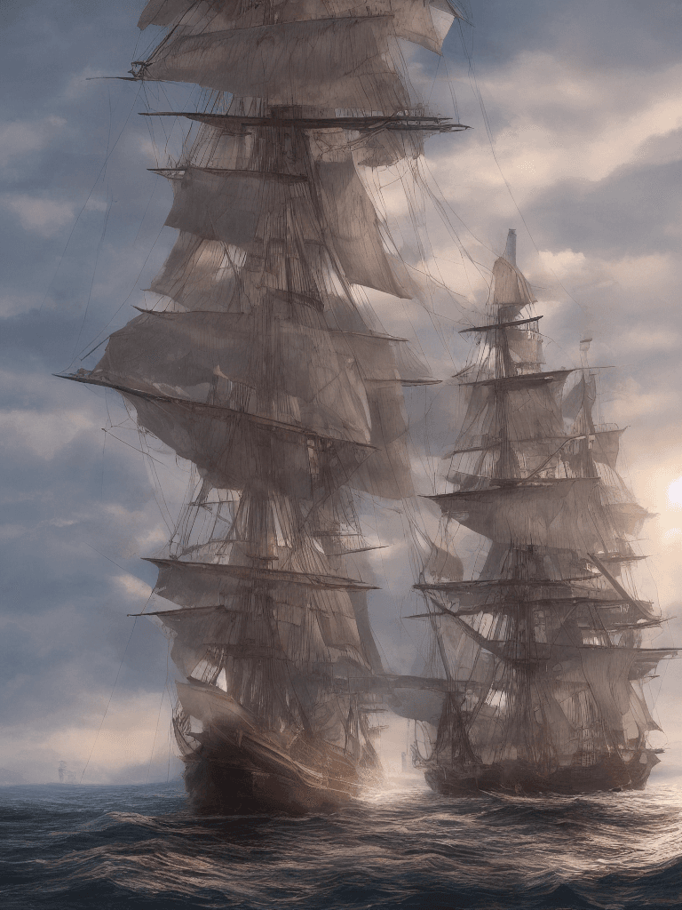 AI generated: Photo of a ultra realistic sailing ship, dramatic light, pale sunrise, cinematic lighting, battered,...