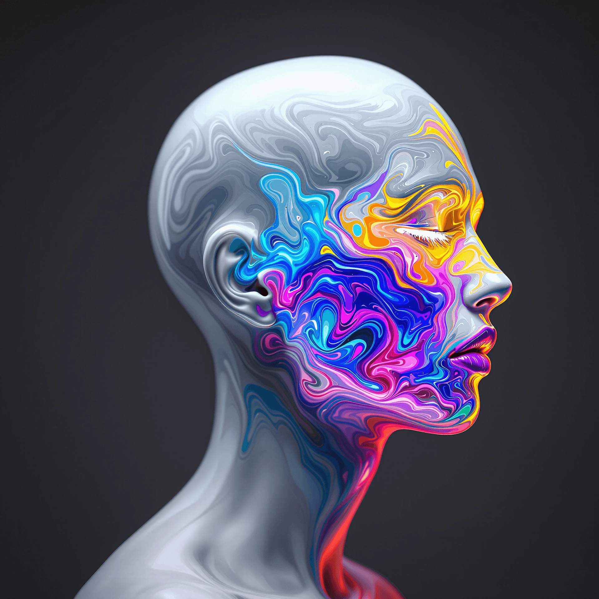 AI generated: a high-contrast, vibrant, flat-side-profile view of a glowing, bald, genderless, earless, hairless, ...